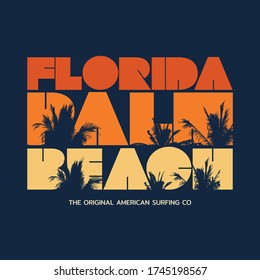Vector illustration on the theme of surf and surfing in Florida, Palm beach. Typography, t-shirt graphics, print, poster, banner, flyer, postcard