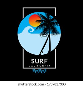 Vector illustration on the theme of surf and surfing in California, Malibu beach. Grunge background. Typography, t-shirt graphics, poster, banner, flyer, print, postcard