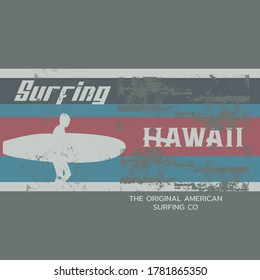 Vector illustration on the theme of surf and surfing in Hawaii. Vintage design. Grunge background. Typography, t-shirt graphics, print, poster, banner, flyer, postcard