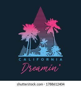 Vector illustration on the theme of surf and surfing in California.  Typography, t-shirt graphics, print, poster, 