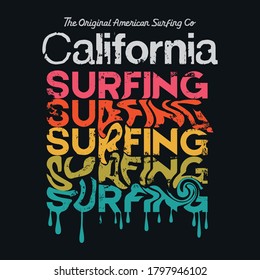 Vector illustration on the theme of surf and surfing in California.  Vintage design. Grunge background. Typography, t-shirt graphics, poster, banner, flyer, print, postcard