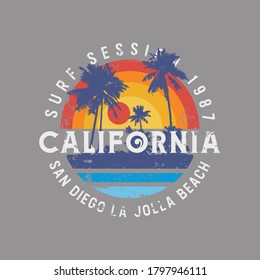 Vector illustration on the theme of surf and surfing in California, San Diego . Vintage design. Grunge background. Stamp typography, t-shirt graphics, print, poster, banner, flyer, postcard