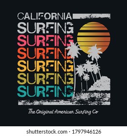Vector illustration on the theme of surf and surfing in California.  Vintage design. Grunge background. Typography, t-shirt graphics, poster, banner, flyer, print, postcard