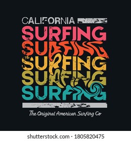 Vector illustration on the theme of surf rider and surfing in California. Vintage design. Grunge background. Typography, t-shirt graphics, print, poster, banner, flyer, postcard