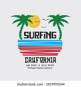 Vector illustration on the theme of surf and surfing in California, San Diego. Sport typography, t-shirt graphics, print, poster, banner, flyer, postcard