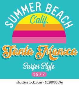 Vector illustration on the theme of surf and surfing in California, santa monica beach. Slogan: California is for dreamers. Typography, t-shirt graphics, print, poster, banner, flyer, postcard
