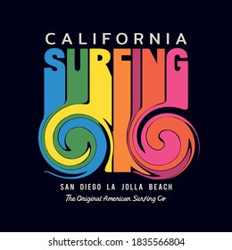 Vector illustration on the theme of surf and surfing in California. Typography, t-shirt graphics, print, poster, banner, flyer, postcard