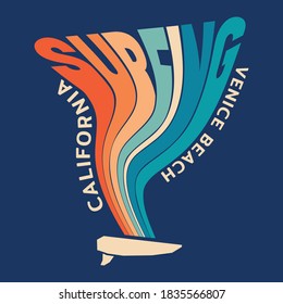 Vector illustration on the theme of surf and surfing in California. Typography, t-shirt graphics, print, poster, banner, flyer, postcard
