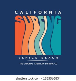 Vector illustration on the theme of surf and surfing in California. Typography, t-shirt graphics, print, poster, banner, flyer, postcard