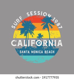 Vector illustration on the theme of surf and surfing in California, Santa Monica Beach. Vintage design. Grunge background. Stamp typography, t-shirt graphics, print, poster, banner, flyer, postcard