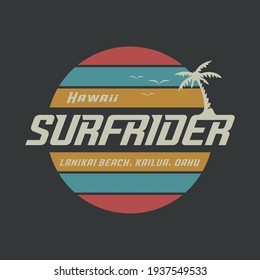 Vector illustration on the theme of surf rider and surfing Hawaii. Stump typography, t-shirt graphics, print, poster, banner, flyer, postcard