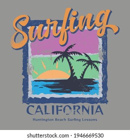 Vector illustration on the theme of surf and surfing in California. Vintage design. Grunge background. Typography, t-shirt graphics, print, poster, banner, flyer, postcard