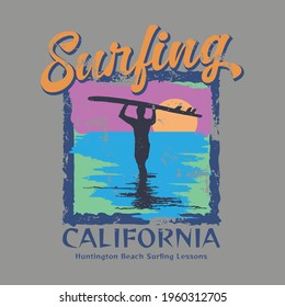 Vector illustration on the theme of surf and surfing in California. Vintage design. Grunge background. Typography, t-shirt graphics, print, poster, banner, flyer, postcard