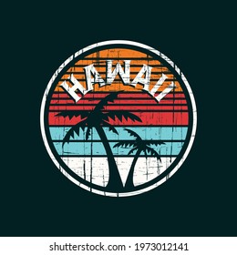 Vector illustration on the theme of surf and surfing in Hawaii. Vintage design. Grunge background. Stamp typography, t-shirt graphics, print, poster, banner, flyer, postcard
