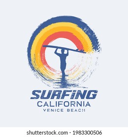 Vector illustration on the theme of surf rider and surfing in California, Venice beach. Typography, t-shirt graphics, print, poster, banner, flyer, postcard