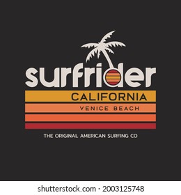 Vector illustration on the theme of surf rider and surfing in California, Venice Beach. Typography, t-shirt graphics, print, poster, banner, flyer, postcard