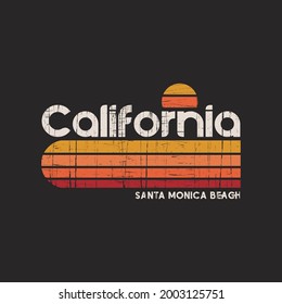 Vector illustration on the theme of surf and surfing in California, Santa Monica Beach. Vintage design. Grunge background. Typography, t-shirt graphics, print, poster, banner, flyer, postcard