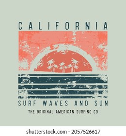 Vector illustration on the theme of surf and surfing in California. Vintage design. Grunge background. Typography, t-shirt graphics, print, poster, banner, flyer, postcard