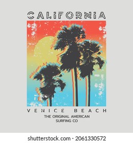 Vector illustration on the theme of surf and surfing in California, Venice Beach. Vintage design.  Grunge background. Sport typography, t-shirt graphics, print, poster, banner, flyer, postcard