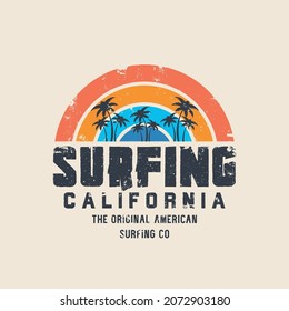 Vector illustration on the theme of surf and surfing in California. Vintage design. Grunge background. Sport typography, t-shirt graphics, print, poster, banner, flyer, postcard