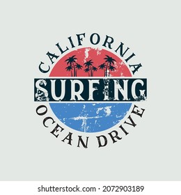 Vector illustration on the theme of surf and surfing in California. Vintage design. Grunge background. Sport typography, t-shirt graphics, print, poster, banner, flyer, postcard