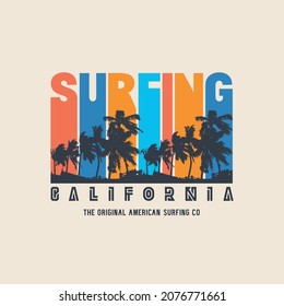 Vector illustration on the theme of surf and surfing in California. Sport typography, t-shirt graphics, print, poster, banner, flyer, postcard