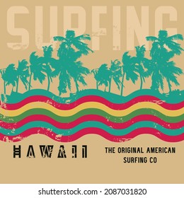 Vector illustration on the theme of surf and surfing in Hawaii. Vintage design. Grunge background. Sport typography, t-shirt graphics, print, poster, banner, flyer, postcard