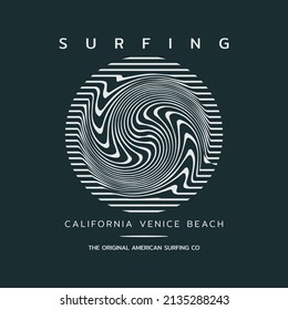 Vector illustration on the theme of surf and surfing in California, Venice beach. Abstract design. Typography, t-shirt graphics, print, poster, banner, flyer, postcard