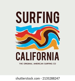 Vector illustration on the theme of surf and surfing in California. Vintage design. Typography, t-shirt graphics, print, poster, banner, flyer, postcard