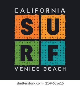 Vector illustration on the theme of surf and surfing in California, Venice beach. Typography, t-shirt graphics, print, poster, banner, flyer, postcard