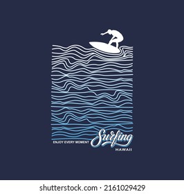 Vector illustration on the theme of surf rider and surfing in Hawaii. Grunge background. Typography, t-shirt graphics, print, poster, banner, flyer, postcard