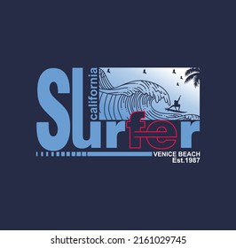 Vector illustration on the theme of surf rider and surfing in Hawaii. Grunge background. Typography, t-shirt graphics, print, poster, banner, flyer, postcard