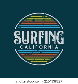 Vector illustration on the theme of surf and surfing in California. Vintage design. Grunge background. Sport typography, t-shirt graphics, print, poster, banner, flyer, postcard