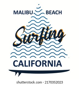 Vector illustration on the theme of surf rider and surfing in California, Malibu beach