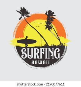 Vector Illustration On The Theme Of Surf And Surfing In Hawaii. Vintage Design.  Typography, T-shirt Graphics, Print, Poster, Banner, Flyer, Postcard