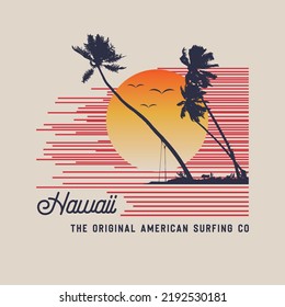Vector illustration on the theme of surf and surfing in Hawaii. Vintage design.  Typography, t-shirt graphics, print, poster, banner, flyer, postcard