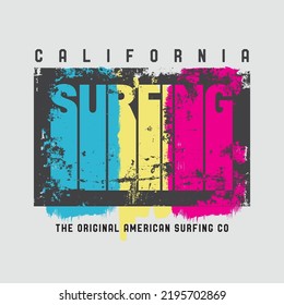 Vector illustration on the theme of surf and surfing in California. Vintage design. Grunge background. Typography, t-shirt graphics, print, poster, banner, flyer, postcard