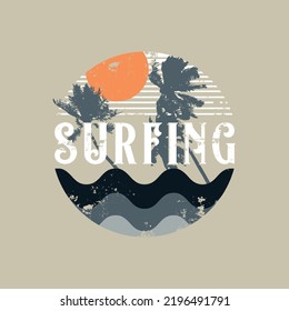 Vector illustration on the theme of surf and surfing. Vintage design. Grunge background. Stump typography, t-shirt graphics, print, poster, banner, flyer, postcard