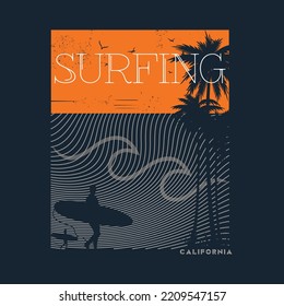 Vector illustration on the theme of surf and surfing in los angeles. Vintage design. Typography, t-shirt graphics, poster, banner, flyer, print, postcard