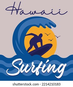 Vector illustration on the theme of surf and surfing. Vintage design. Hawaii. Stump typography, t-shirt graphics, print, poster, banner, flyer, postcard