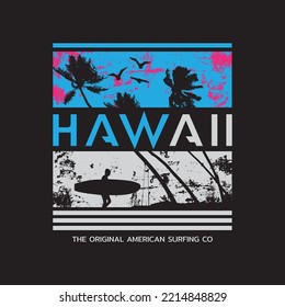 Vektorgrafik zum Thema Surfen und Surfen auf Hawaii.  brüchiger Hintergrund. Vintage-Design.  Typografie, T-Shirt-Grafiken, Druck, Poster, Banner, Flyer, Postkarte