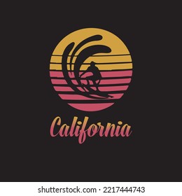 Vector illustration on the theme of surf and surfing in California. Vintage design. Grunge background. Sport typography, t-shirt graphics, print, poster, banner, flyer, postcard