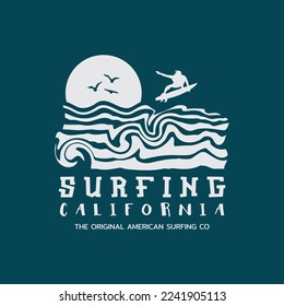 Vector illustration on the theme of surf and surfing in California. Typography, t-shirt graphics, print, poster, banner, flyer, postcard