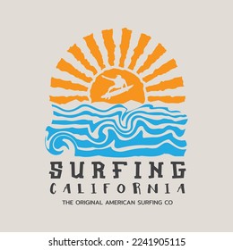 Vector illustration on the theme of surf and surfing in California. Typography, t-shirt graphics, print, poster, banner, flyer, postcard