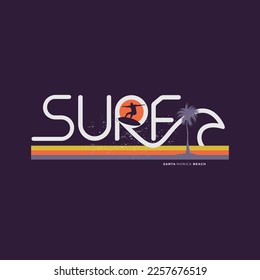 Vector illustration on the theme of  surf in Santa Monica beach.  Sport typography, t-shirt graphics, print, poster, banner, flyer, postcard