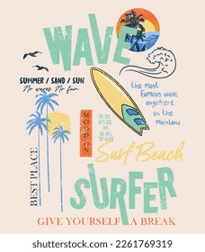 Vector illustration on the theme of surf and surfing in Hawaii. Vintage design. Typography, t-shirt graphics