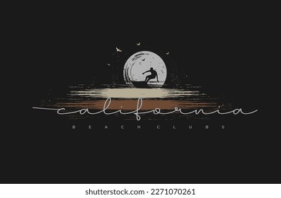 Vector illustration on the theme of surf in CALIFORNIA.  t-shirt graphics, print, poster, banner, flyer, postcard