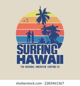 Ilustración vectorial sobre el tema del surf y el surf en Hawaii. Diseño de época. Tipografía deportiva, gráficos para camisetas, impresión, afiche, pancarta, volante, postal