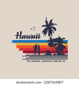 Vector illustration on the theme of surf and surfing in Hawaii. Vintage design. Sport typography, t-shirt graphics, print, poster, banner, flyer, postcard