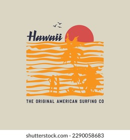 Vector illustration on the theme of surf and surfing in Hawaii. Vintage design. Sport typography, t-shirt graphics, print, poster, banner, flyer, postcard